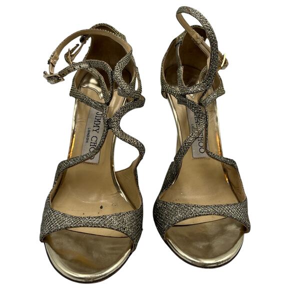 Jimmy Choo Lang Glitter Strappy Heeled Sandals Gold Silver Size 37 US 7 - Picture 1 of 10